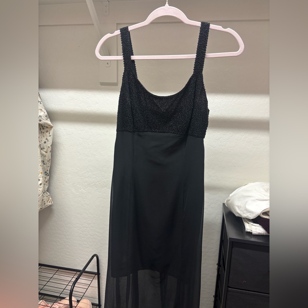 Black Beaded Bodice Sheer Skirt Dress